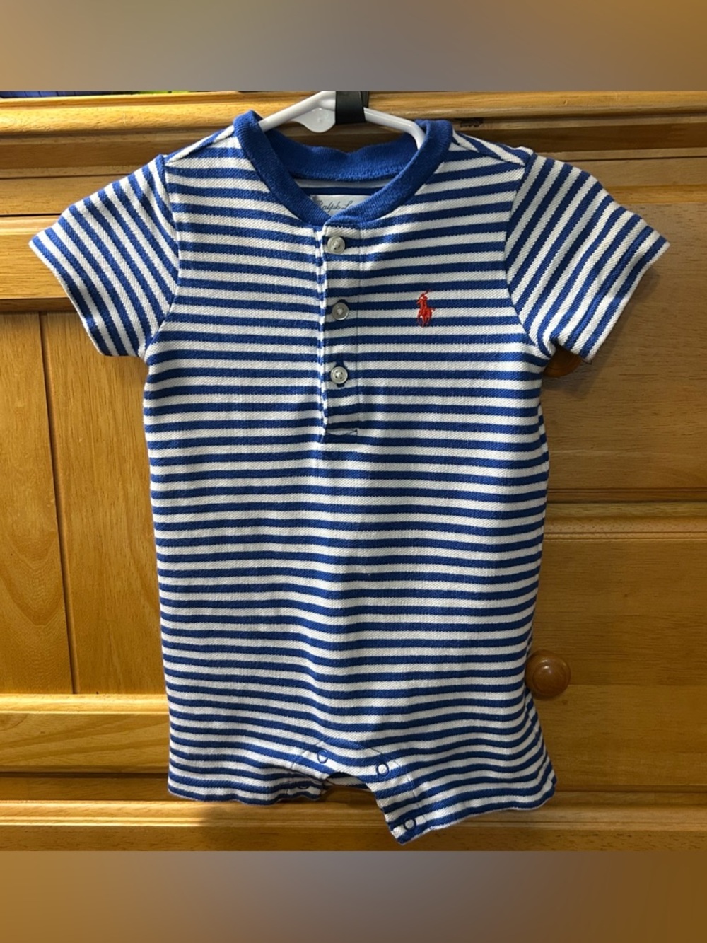 Ralph Lauren Boy's Cotton Blue & White Striped Romper w/Red Pony Size 6 Months